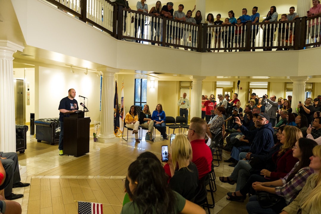 Alex Gallivan  |  Special to the Tribune Hundreds of people packed the Old Dome Meeting Hall in Riverton to celebrate the arrival of Josh Holt, his wife, Thamy, and their daughter, Marian, Monday, May 28,2018