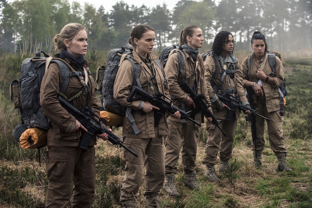 (Peter Mountain/Paramount Pictures/Skydance via AP) This image released by Paramount Pictures shows, from left, Jennifer Jason Leigh, Natalie Portman, Tuva Novotny, Tessa Thompson and Gina Rodriguez in a scene from "Annihilation."