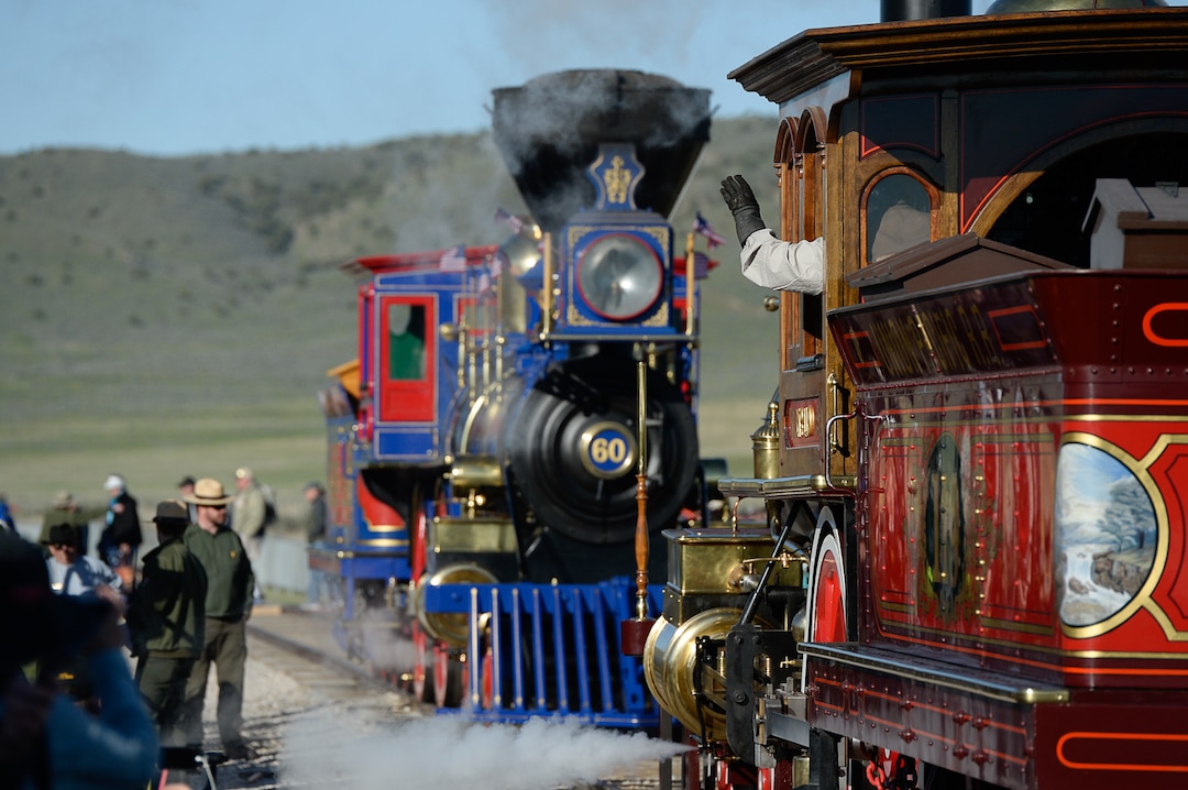 (Francisco Kjolseth  |  The Salt Lake Tribune)  The Jupiter and No. 119 arrive on Friday May 10, 2019, for the celebration of the 150th anniversary of the completion of the transcontinental railroad at Promontory Summit where the two rails met back on May 10, 1869.
