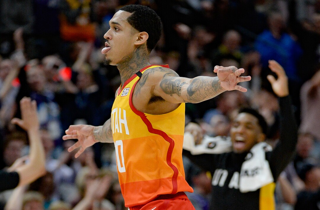 (Francisco Kjolseth  |  The Salt Lake Tribune) Utah Jazz guard Jordan Clarkson (00) celebrates a three pointer in the final minutes as the Utah Jazz host the Miami Heat in their NBA basketball game at Vivint Smart Home Arena in Salt Lake City on Wednesday, Feb. 12, 2020. Jazz won 116-101.