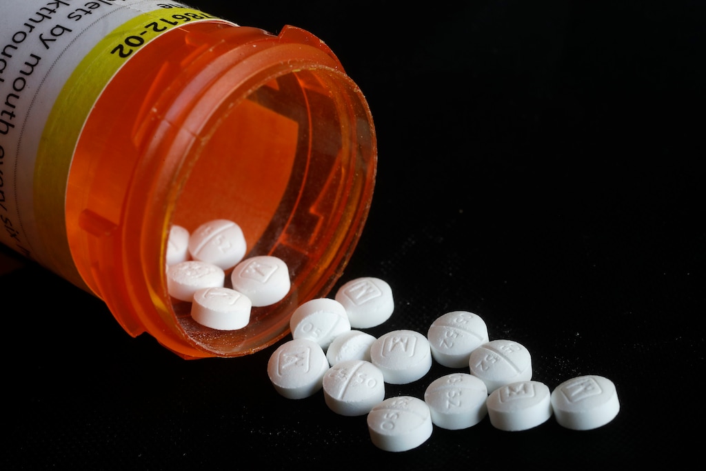 (Mark Lennihan | AP) This Aug. 29, 2018 file photo shows an arrangement of prescription oxycodone pills in New York.