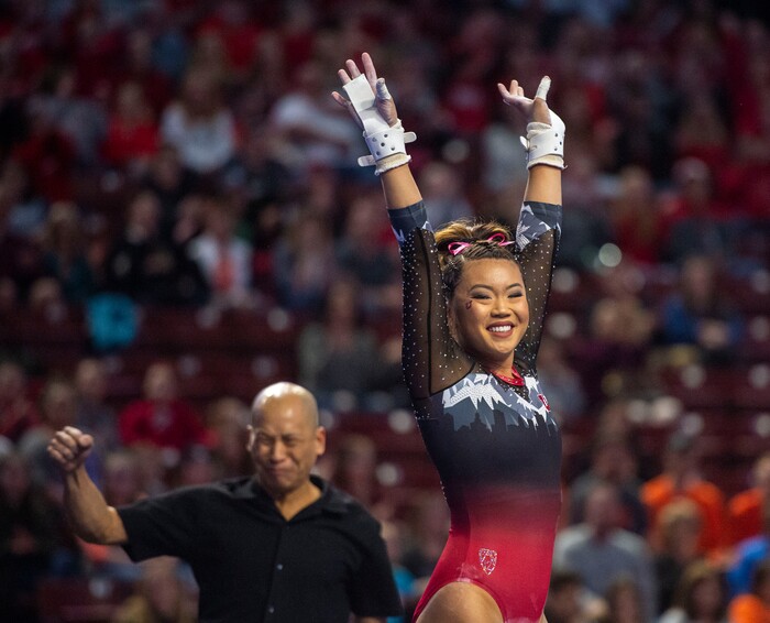 (Rick Egan  |  The Salt Lake Tribune)     Coach Tom Garden reacts as Kari Lee lands her dismount on the uneven bars for Utah, in the PAC-12 Gymnastics Championships at the Maverik Center, Saturday, March 23, 2019.


