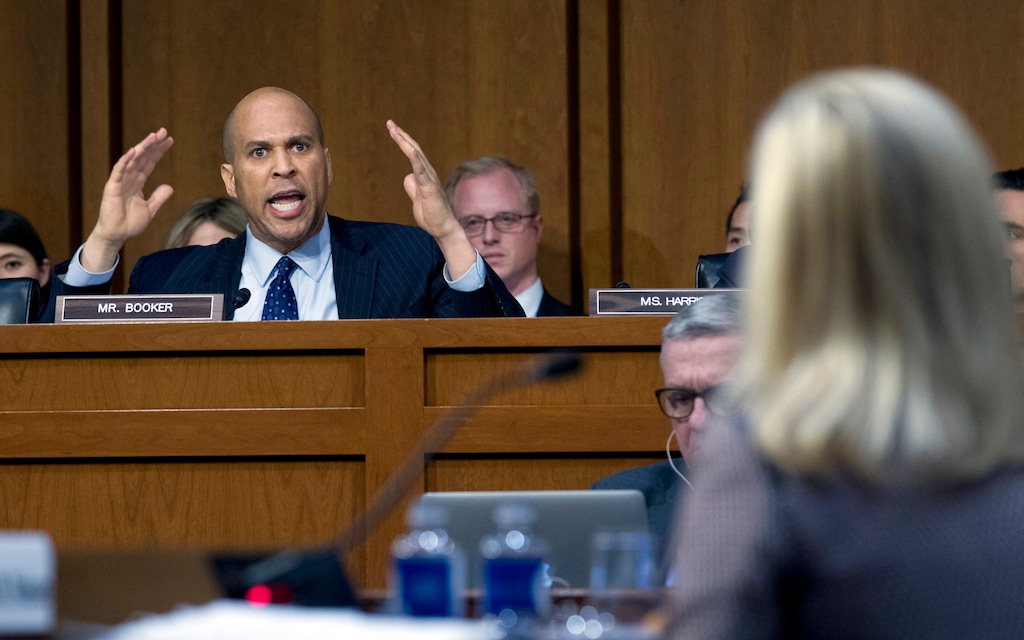 Sen. Cory Booker D-N.J., questions Homeland Security Secretary Kirstjen Nielsen during a hearing before the Senate Judiciary Committee on Capitol Hill, Tuesday, Jan. 16, 2018, in Washington. ( AP Photo/Jose Luis Magana)