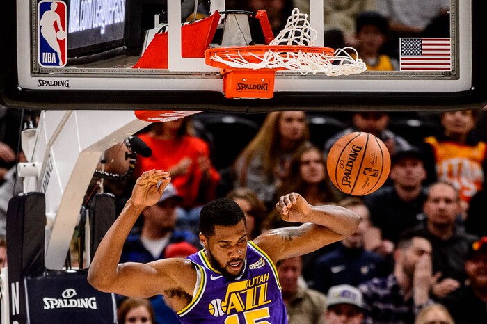(Trent Nelson | The Salt Lake Tribune)  
Utah Jazz forward Derrick Favors (15) dunks. The Utah Jazz host the Houston Rockets, NBA basketball in Salt Lake City on Thursday Dec. 6, 2018.