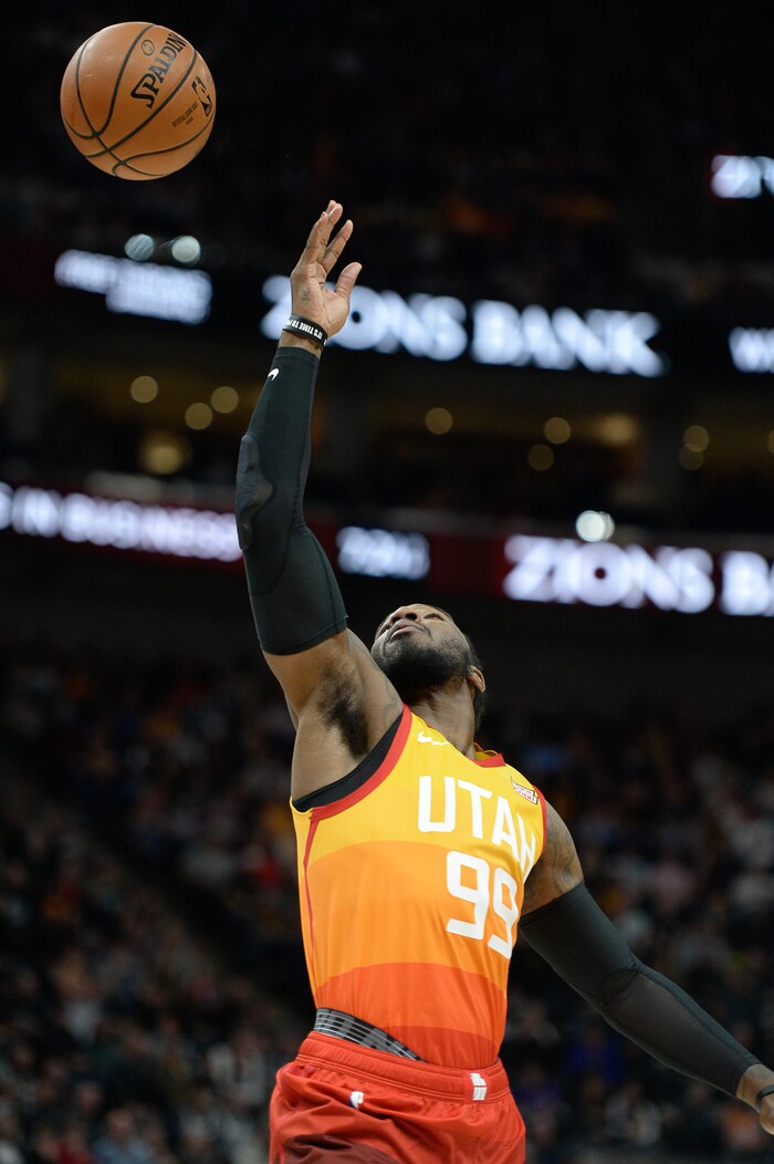 (Francisco Kjolseth  |  The Salt Lake Tribune)  Utah Jazz forward Jae Crowder (99) reaches for a rebounder against the Pistons in the first half of their NBA game at Vivint Smart Home Arena Monday, Jan. 14, 2019, in Salt Lake City.