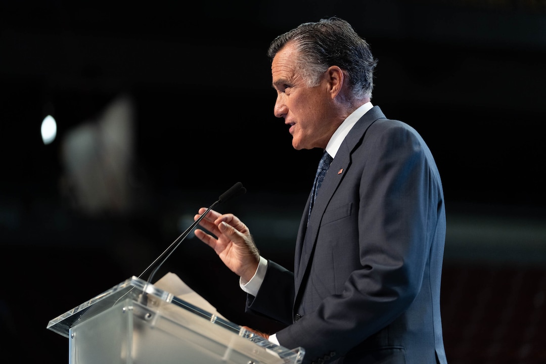 (Francisco Kjolseth | The Salt Lake Tribune) Sen. Mitt Romney faces a hostile crowd during the Utah Republican Party’s 2021 Organizing Convention at the Maverik Center in West Valley City on Saturday, May 1, 2021, where he was booed by Republican delegates numbering more than 1,900.