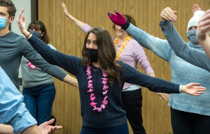 (Rick Egan | The Salt Lake Tribune)  Marie Dorius, from Denver, Co, practices hula moves, in Rachel Johnson Hula class at Ruby's Inn, during the 36th annual Bryce Canyon Winter Festival on Saturday, Feb. 13, 2021.