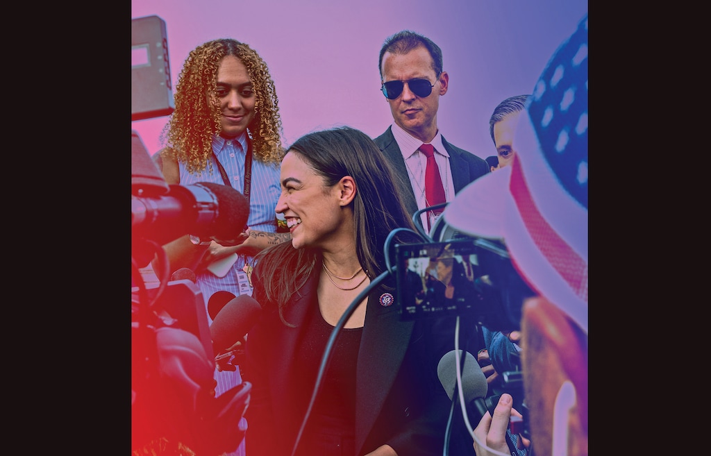 Rep. Alexandria Ocasio-Cortez (D-N.Y.) speaks to the press on July 22, 2026. (Illustration by The New York Times; photograph by Alex Kent/The New York Times)