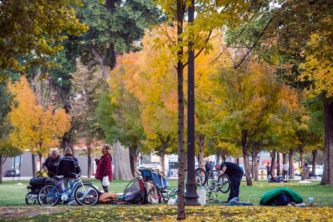 (Chris Detrick  |  The Salt Lake Tribune)  People in Pioneer Park in Salt Lake City Tuesday, October 17, 2017. 