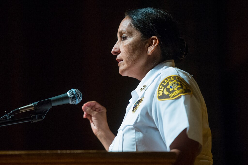 (Chris Detrick  |  The Salt Lake Tribune)  Salt Lake County Sheriff Rosie Rivera speaks during a community meeting at Kearns High School Thursday, Sept. 21, 2017.