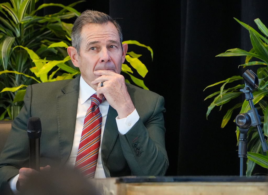 (Chris Samuels | The Salt Lake Tribune) U.S. Sen. John Curtis moderates a panel on forest fires at the Conservative Climate Summit at the University of Utah in Salt Lake City, Friday, Oct. 17, 2025.