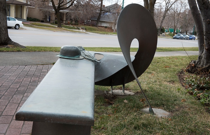 (Scott Sommerdorf   |  The Salt Lake Tribune)   
The bench at South Temple and T Street created by Utah sculptor Richard Johnston, Wednesday, December 20, 2017.  
