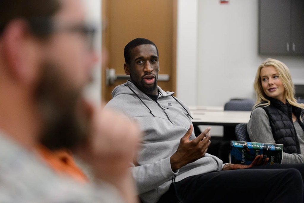 (Trent Nelson | The Salt Lake Tribune)   Utah Jazz center Ekpe Udoh during a meeting of his book club in Salt Lake City, Thursday December 28, 2017. At his left is Amanda Roberson.