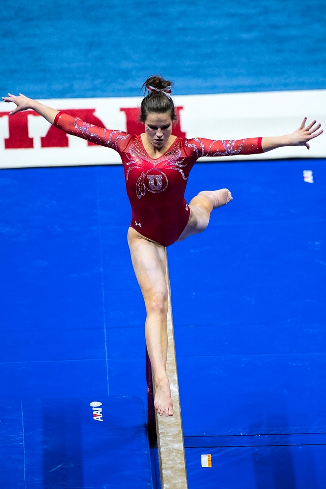 (Chris Detrick  |  The Salt Lake Tribune)  Utah's Missy Reinstadtler competes on the beam during the gymnastics meet against Brigham Young University Friday, January 5, 2018.  
