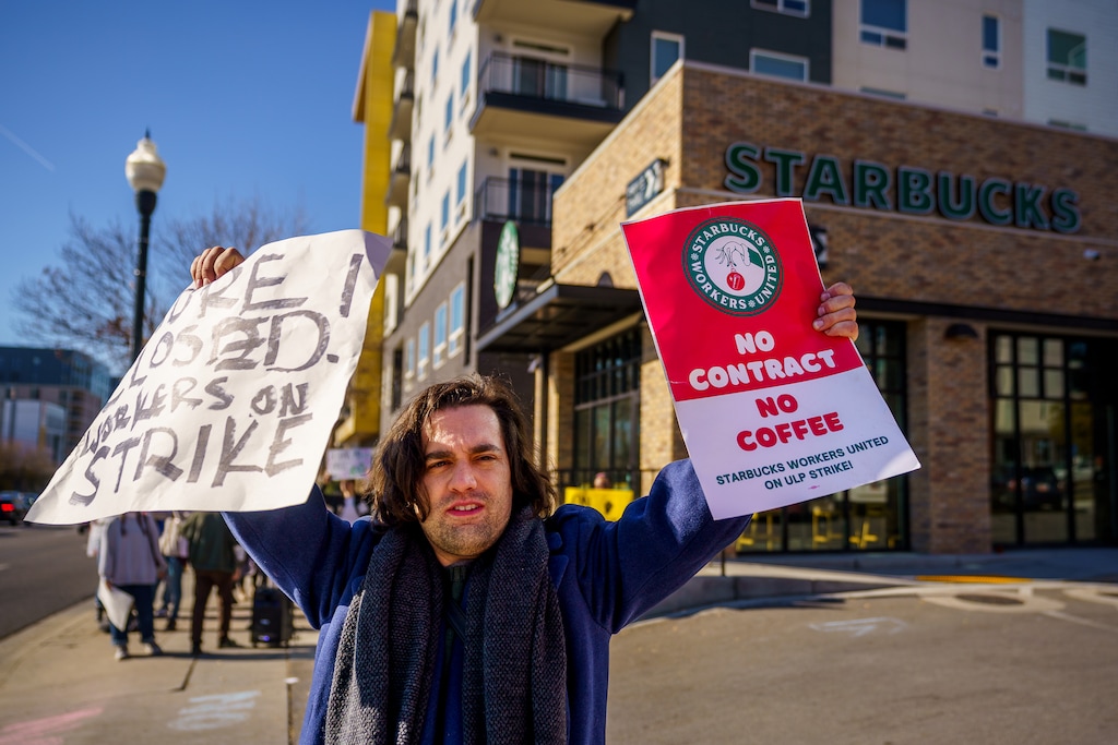 (Trent Nelson | The Salt Lake Tribune) George Metos and other Starbucks workers strike in front of 400 South Salt Lake City location as part of Red Cup Rebellion on Nov. 17, 2022. The 4th South Starbucks is now one of five to formally unionize in Utah. South Jordan filed for a union election Tuesday.