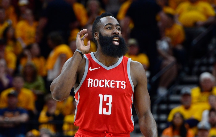 (Scott Sommerdorf | The Salt Lake Tribune)
Houston Rockets guard James Harden (13) yells out a play to team mates during second half play. The Rockets beat the Jazz 100-87, Sunday, May 6, 2018.