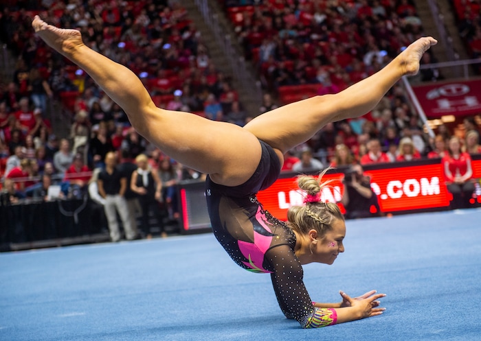 (Rick Egan  |  The Salt Lake Tribune)  Sydney Soloski competes on the floor, in PAC-12 Gymnastics action between the Utes and The California Golden Bears, in the Jon M. Huntsman Center, in Salt Lake CIty, Saturday, Feb. 9, 2019.


