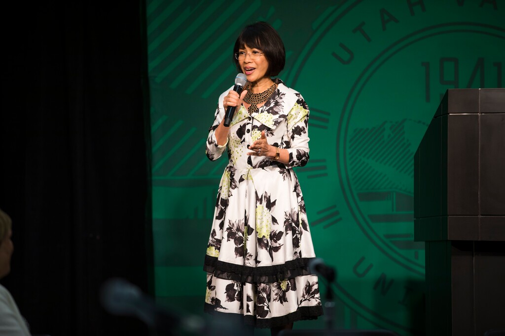 (August Miller  |  Utah Valley University)  Astrid Tuminez speaks to the audience after she was announced as the first women president of Utah Valley University at a press conference on the campus of Utah Valley University Friday April 20, 2018.