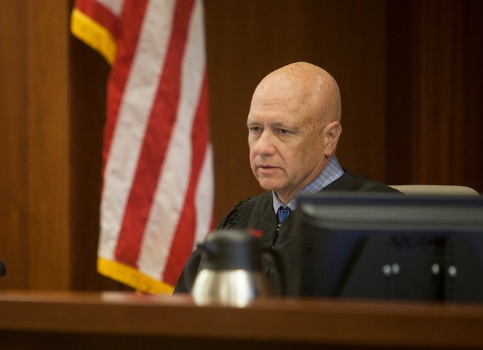 (Chris Caldwell  |  Pool Photo)  Judge Paul Dame during the detention hearing and initial appearance for the 16-year-old boy accused of bringing a bomb to Pine View High School Wednesday, March 28, 2018.