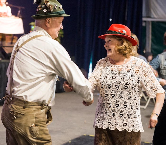 (Rick Egan  |  The Salt Lake Tribune)     Marlin and Jules Smith, from Sandy, dance to Salzburger Echo, at the Oktoberfest celebration at Snowbird. Sunday, Sept. 30, 2018.