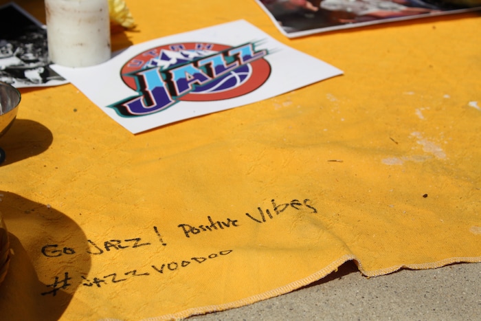 (Christopher Kamrani | The Salt Lake Tribune) A Utah Jazz playoff shrine on the corner of 200 East and 300 South in downtown Salt Lake City on Monday, April 23, 2018.