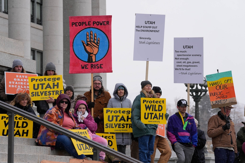 (Francisco Kjolseth  | The Salt Lake Tribune) People gather on the steps of the Utah Capitol during a rally, organized by Southern Utah Wilderness Alliance, in support of protecting public lands on Saturday, Jan. 11, 2025.  