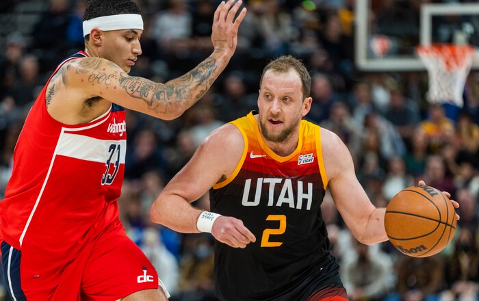 (Rick Egan | The Salt Lake Tribune) Utah Jazz guard Joe Ingles (2) drives with the ball, as Washington Wizards forward Kyle Kuzma (33) defends, in NBA action between the Utah Jazz and the Washington Wizards, at Vivint Arena on Saturday, Dec. 18, 2021.