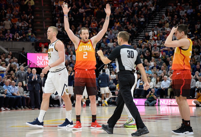 (Francisco Kjolseth  |  The Salt Lake Tribune)  Utah Jazz forward Joe Ingles (2) argues a call with referee John Goble (30) as the Utah Jazz host the Denver Nuggets in their NBA game at Vivint Smart Home Arena Tuesday, April 9, 2019, in Salt Lake City.