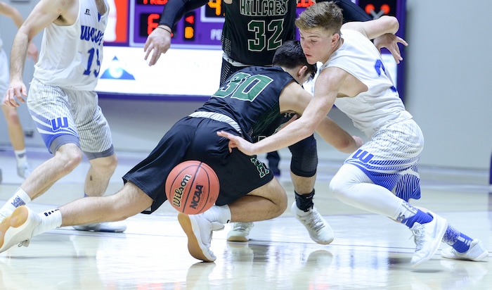 (Leah Hogsten  |  The Salt Lake Tribune)Fremont's Cade Hadley (03) steals from Hillcrest's Brox Ashby (30). Fremont defeated Hillcrest 62-52 in the 6A High School Boys' Basketball Tournament opening game at Weber State University’s Dee Events Center in Ogden, Tuesday, Feb. 27, 2018. 