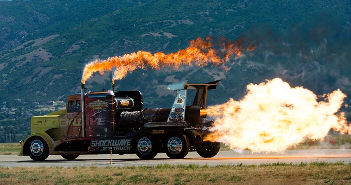 (Rick Egan  |  The Salt Lake Tribune)   The Shockwave Jet Truck blasts down the runway at the Warriors Over the Wasatch airshow at Hill Airforce Base, Sunday, June 24, 2018.
