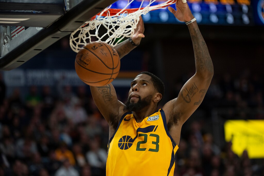 (Rick Egan  |  The Salt Lake Tribune)   Utah Utah forward Royce O'Neale (23) dunks the ball for the Jazz, in NBA action between the Utah Jazz and Phoenix Suns, in Salt Lake City, Wednesday, Feb 6, 2019.
