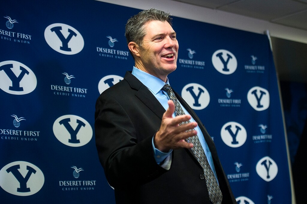 (Chris Detrick  |  The Salt Lake Tribune)  BYU offensive coordinator Jeff Grimes speaks during a press conference at LaVell Edwards Stadium Saturday, December 16, 2017.  