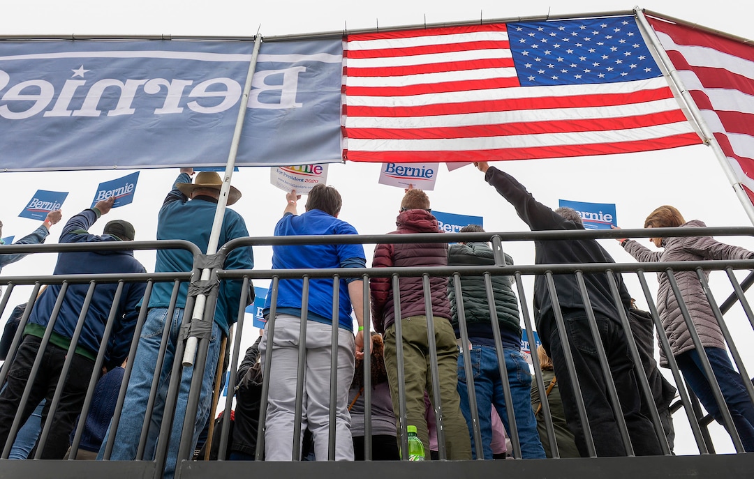 (Leah Hogsten  |  The Salt Lake Tribune) Vermont Sen. Bernie Sanders rallies his supporters at the Utah State Fairpark, Mar. 2, 2020, one day before UtahÕs Super Tuesday primary.