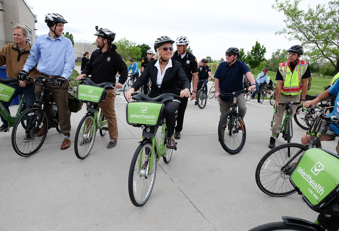 (Francisco Kjolseth  |  The Salt Lake Tribune)  Salt Lake City Mayor Jackie Biskupski is joined by members of the public and city employees on Thursday, May 16, 2019, as part of the annual Mayor’s Bike to Work Day. This year’s ride began at the Northwest Recreation Center and ran primarily along the Jordan River Trail in an effort to show off the investments the city and others have made to the trail.