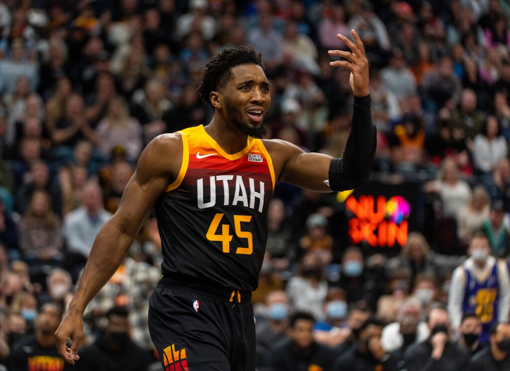 (Rick Egan | The Salt Lake Tribune) Utah Jazz guard Donovan Mitchell (45) reacts after a call by the official, in NBA action between the Utah Jazz and the Washington Wizards, at Vivint Arena on Saturday, Dec. 18, 2021.