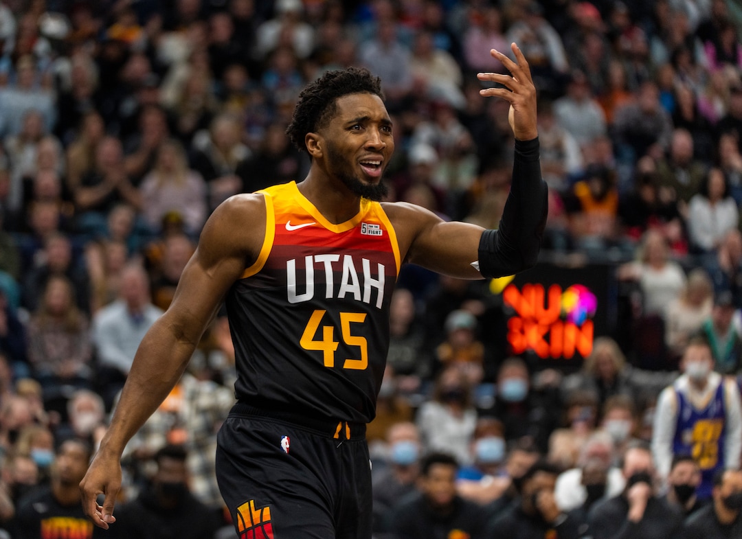 (Rick Egan | The Salt Lake Tribune) Utah Jazz guard Donovan Mitchell (45) reacts after a call by the official, in NBA action between the Utah Jazz and the Washington Wizards, at Vivint Arena on Saturday, Dec. 18, 2021.