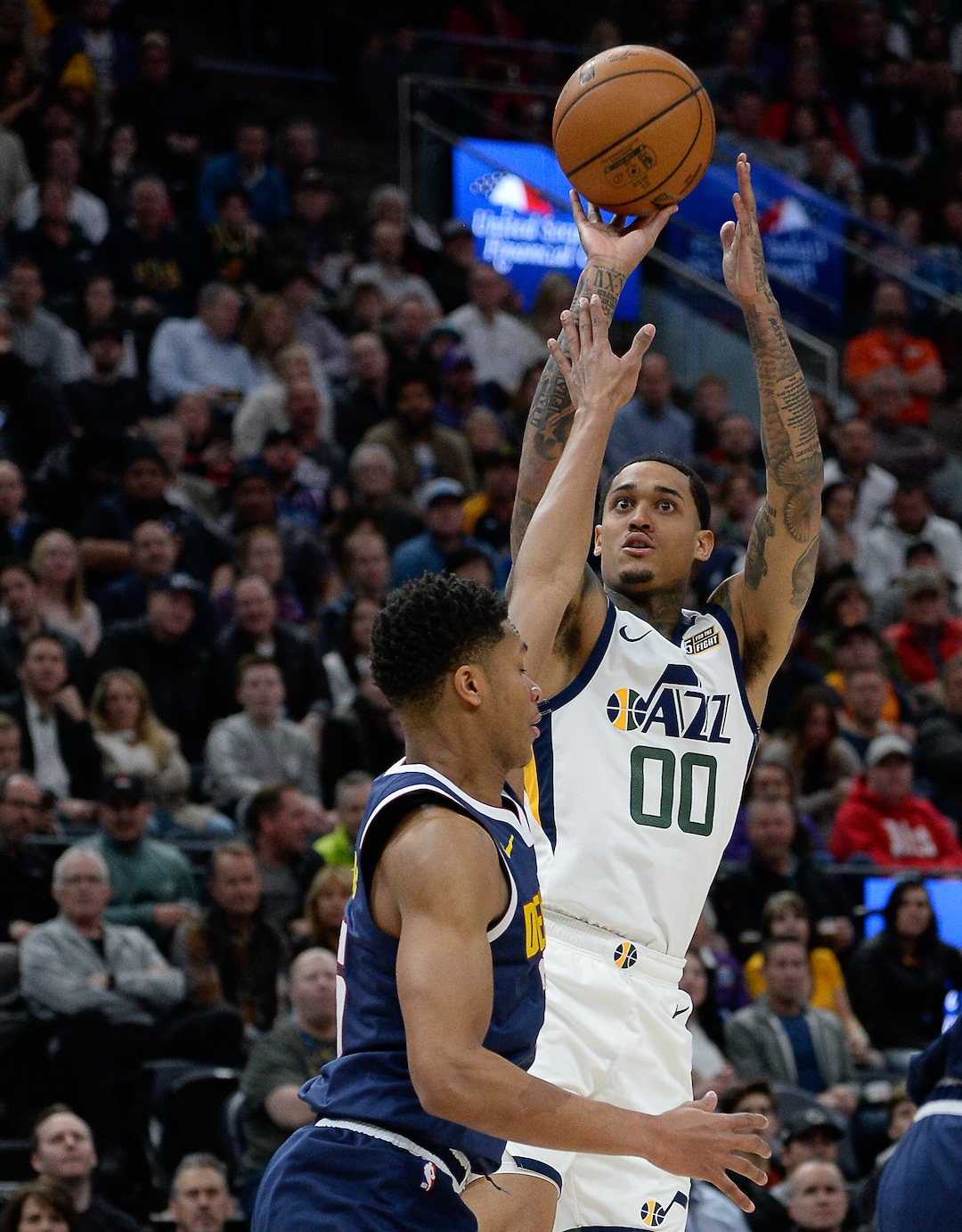 (Francisco Kjolseth  |  The Salt Lake Tribune) Utah Jazz guard Jordan Clarkson (00) shoots for three as the Utah Jazz host the Denver Nuggets in their NBA basketball game at Vivint Smart Home Arena in Salt Lake City on Wednesday, Feb. 5, 2020.