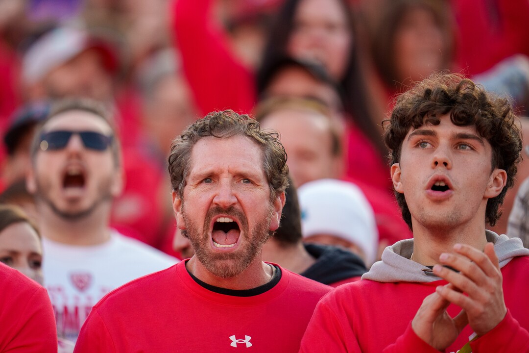 (Trent Nelson  |  The Salt Lake Tribune) Utah fans celebrate after Utah Utes wide receiver Britain Covey (18) ran a kick return for a touchdown as the Utah Utes face the Ohio State Buckeyes at the Rose Bowl in Pasadena, Calif., on Saturday, Jan. 1, 2022.