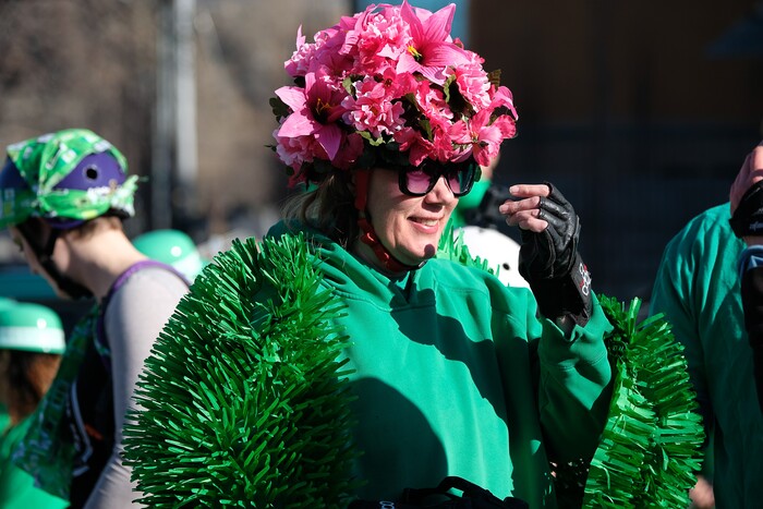 (Francisco Kjolseth | The Salt Lake Tribune) Roller Derby's Jammy Dodger, also known as Jennifer Parsons, brightens up her costume with a little contrasting color as shamrocks and sunshine were aplenty while Salt Lake CityÕs Irish community celebrates their 41st annual St. PatrickÕs Day Parade with crowds lining up to take in the festivities.