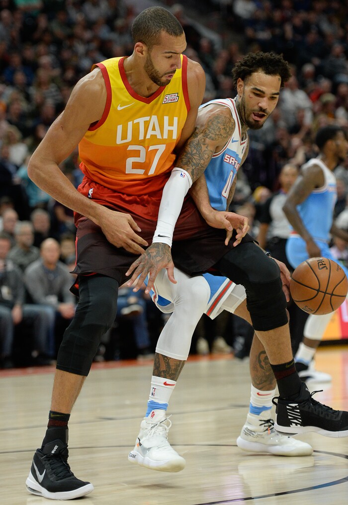 (Francisco Kjolseth  |  The Salt Lake Tribune)  Utah Jazz center Rudy Gobert (27) battles Sacramento Kings center Willie Cauley-Stein (00) in the NBA game at Vivint Smart Home Arena Wed., Nov. 21, 2018, in Salt Lake City.