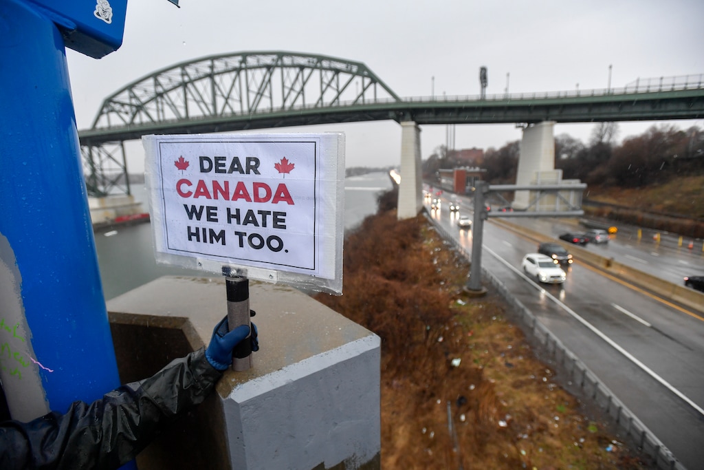 (Adrian Kraus | AP) Elbows Up for Canada protesters gather near The Peace Bridge border crossing in Buffalo, N.Y., Wednesday, April 2, 2025.