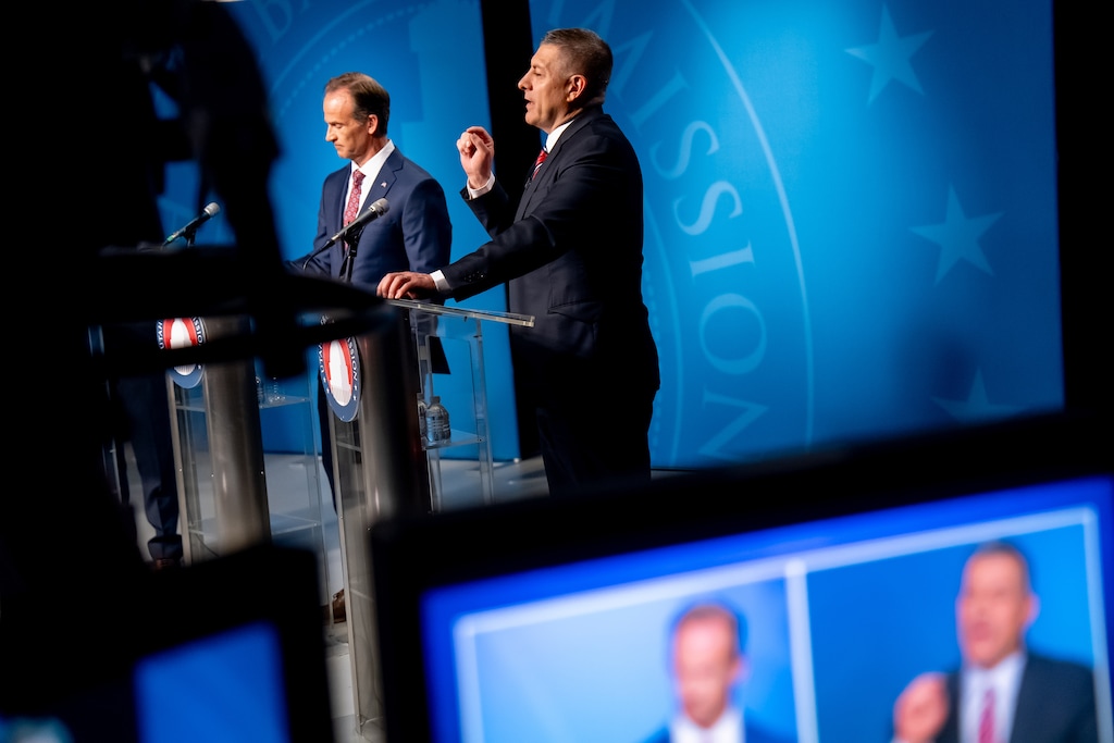 (Spenser Heaps | Pool) Case Lawrence and Stewart Peay, two of the five candidates in the Republican primary for Utah’s 3rd Congressional District, take part in a televised debate at the Eccles Broadcast Center in Salt Lake City on Wednesday, June 12, 2024. Also debating are JR Bird, John Dougall and Mike Kennedy.