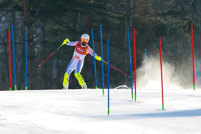 (Chris Detrick  |  The Salt Lake Tribune)  USA's Jared Goldberg loses control while competing in the Men's Alpine Combined at Jeongseon Alpine Centre during the Pyeongchang 2018 Winter Olympics Tuesday, February 13, 2018.  Goldberg finished in 36th place with a time of 2:22.88.