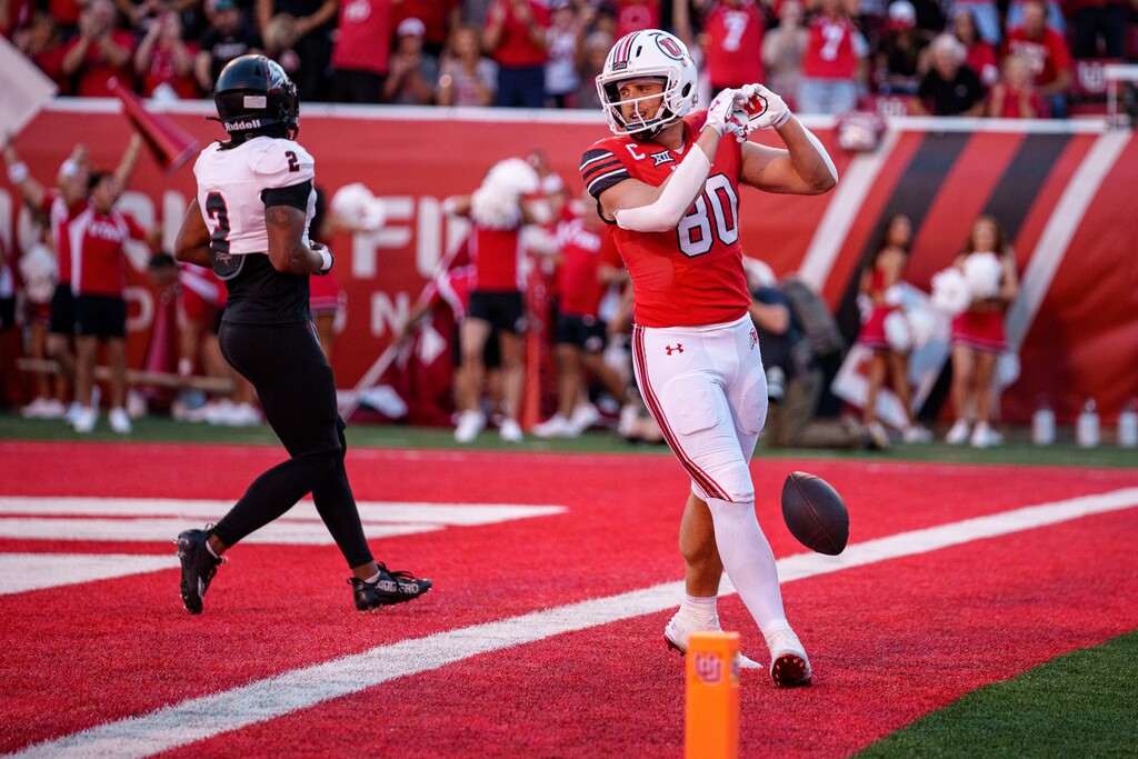 (Trent Nelson  |  The Salt Lake Tribune) Utah Utes tight end Brant Kuithe (80) celebrates a touchdown as the Utah Utes host the Southern Utah Thunderbirds, NCAA football in Salt Lake City on Thursday, Aug. 29, 2024.
