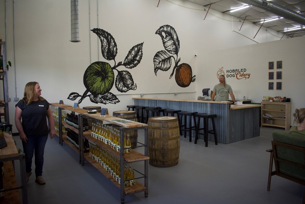 (Clarissa Casper | The Salt Lake Tribune) Lori Spears and Ben Kuethe, co-owners of Hobbled Dog Cidery, inside their new Logan cidery during its soft opening on Friday, June 20, 2025.