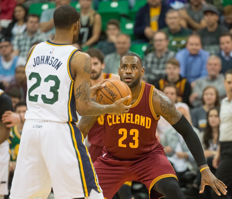 Rick Egan  |  The Salt Lake TribuneCleveland Cavaliers forward LeBron James (23) guards Utah Jazz forward Chris Johnson (23) in NBA action, in Salt Lake City, Monday March 14, 2016.