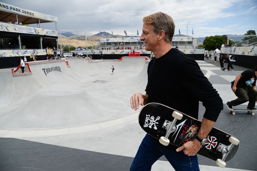 (Francisco Kjolseth  |  The Salt Lake Tribune)  Skate legend Tony Hawk and other pro skaters gather for a community skate as a first look of the new Vans - Utah Sports Commission Skatepark at the Utah State Fairpark on Tuesday, Sept. 3, 2019.
