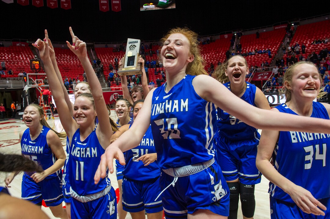 (Rick Egan  |  The Salt Lake Tribune)   The Bingham Miners celebrate their 59-51 win over the Fremont Silverwolves, in the 6A championship game, at the Jon M. Huntsman Center, Saturday Feb. 29, 2020