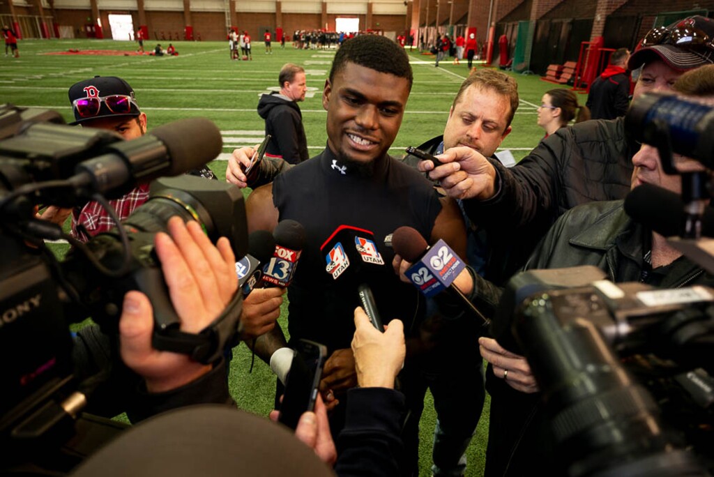 (Trent Nelson | The Salt Lake Tribune)  University of Utah quarterback Tyler Huntley speaks to media after the first day of spring football practice in Salt Lake City on Monday March 4, 2019.