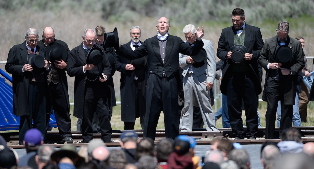(Francisco Kjolseth  |  The Salt Lake Tribune) The Golden Spike Association creates a historical reenactment on Friday May 10, 2019, in celebration of the 150th anniversary of the completion of the transcontinental railroad at Promontory Summit where the two rails met back on May 10, 1869.